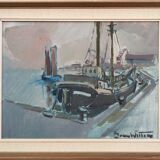 Mid 20th Century "Harbour Sundown" Swedish Modernist Coastal Scape Oil Painting, Framed