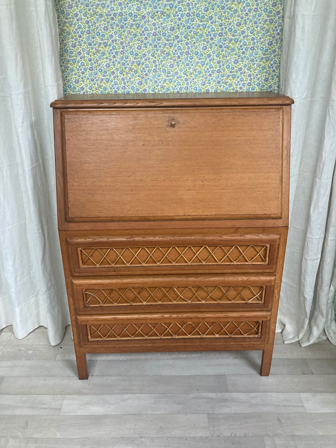 Vintage secretary in wood and rattan