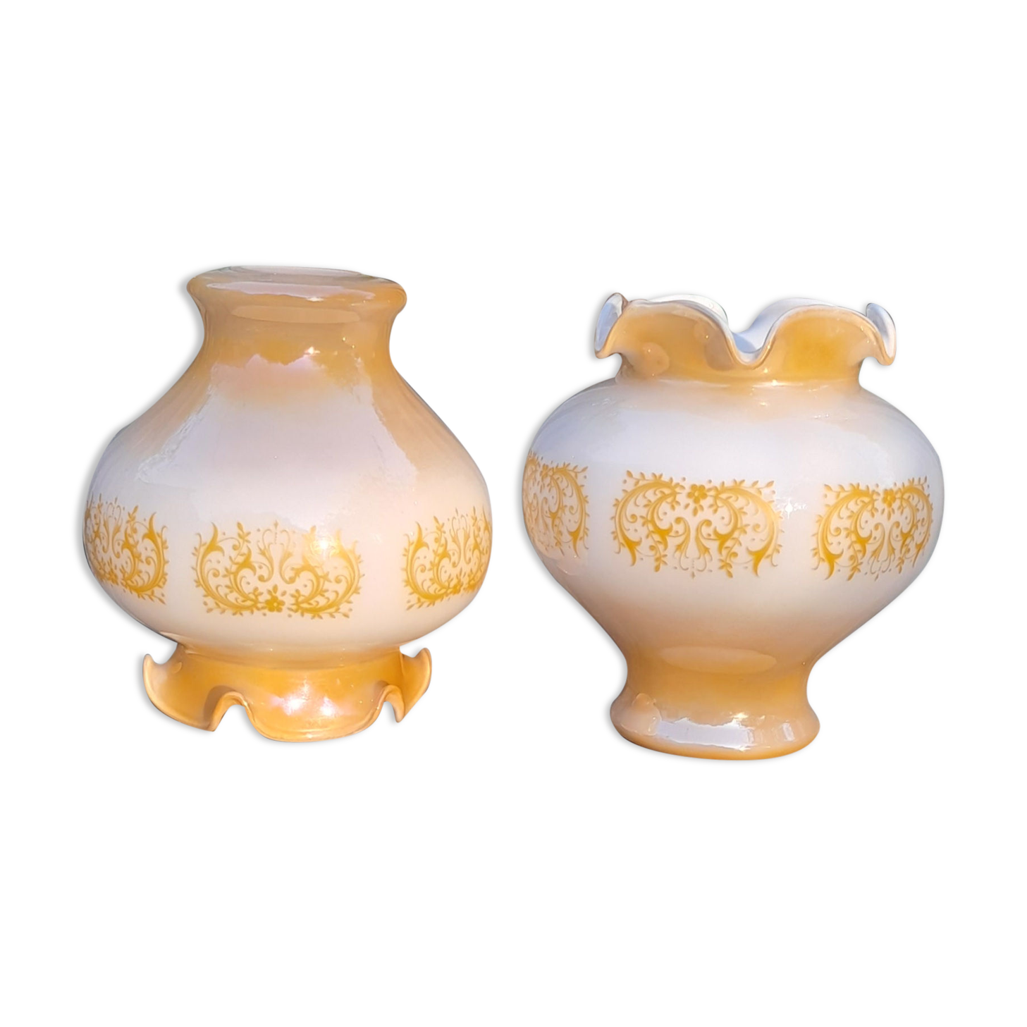 Duo of orange opaline tulip globes for suspension, art deco