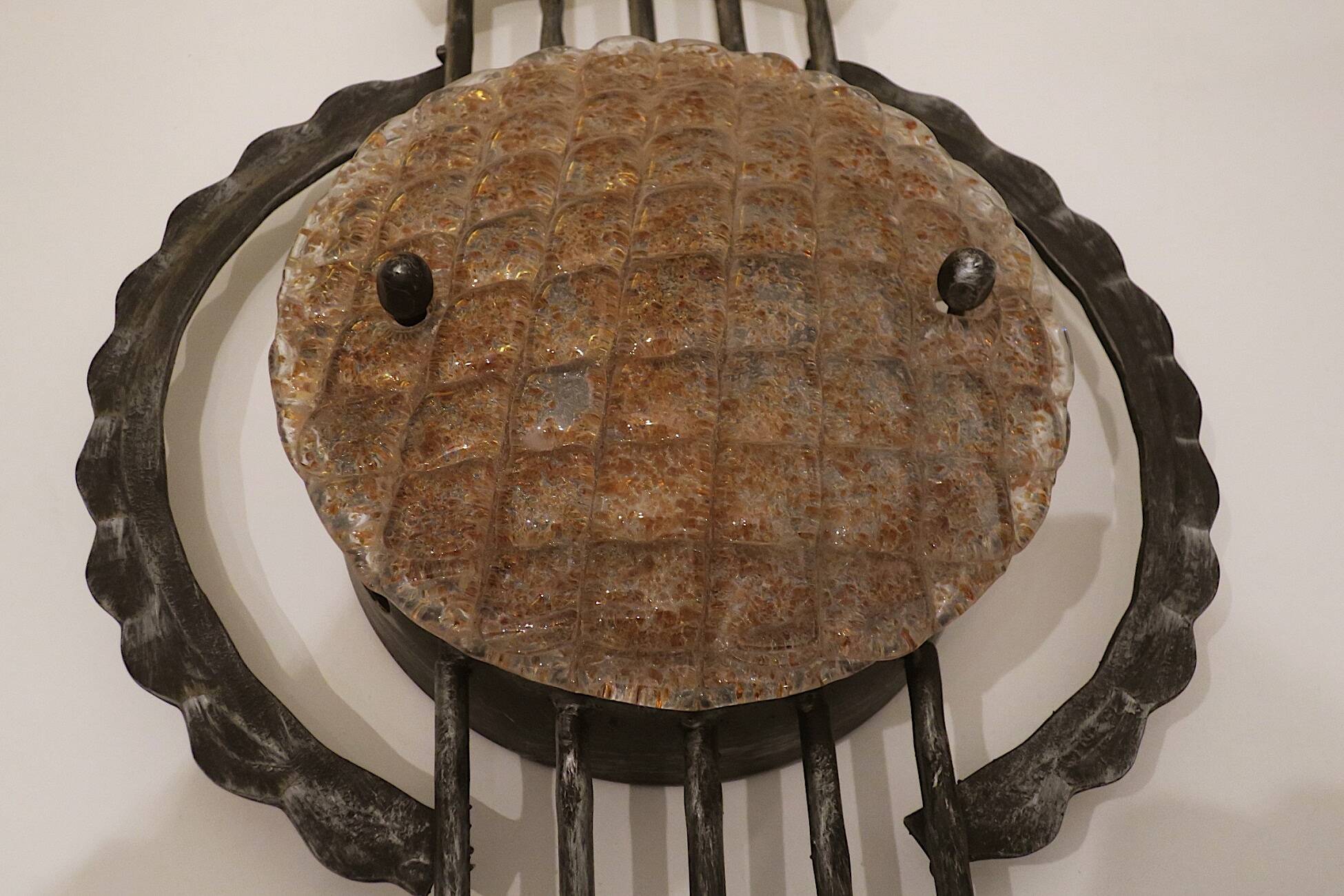 Mid century Brutalist wrought iron and Murano glass wall light, 1950-60