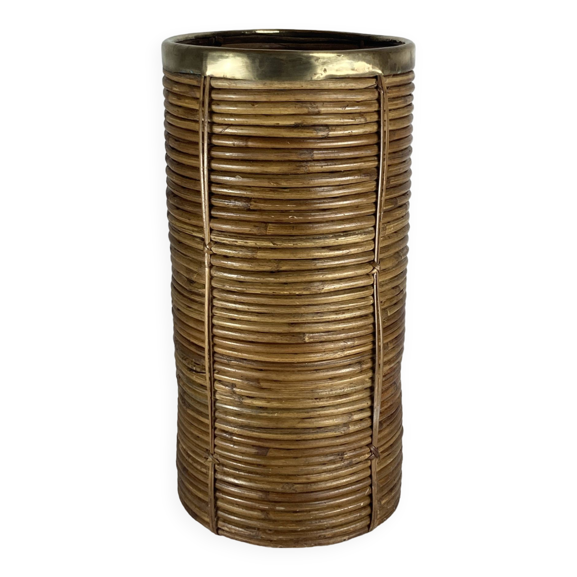 Pencil reed rattan and brass umbrella stand. or basket, Italy