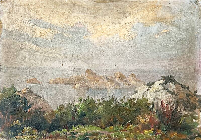 Painting “Seaside View”, oil on canvas glued on hardboard.