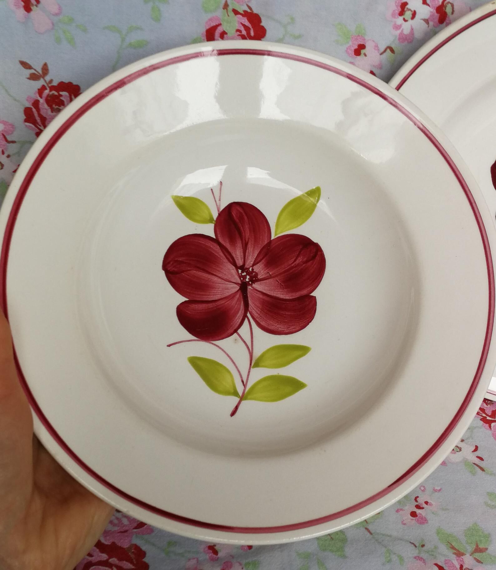 4 old hollow plates, model "Geraldine" red and green flowers