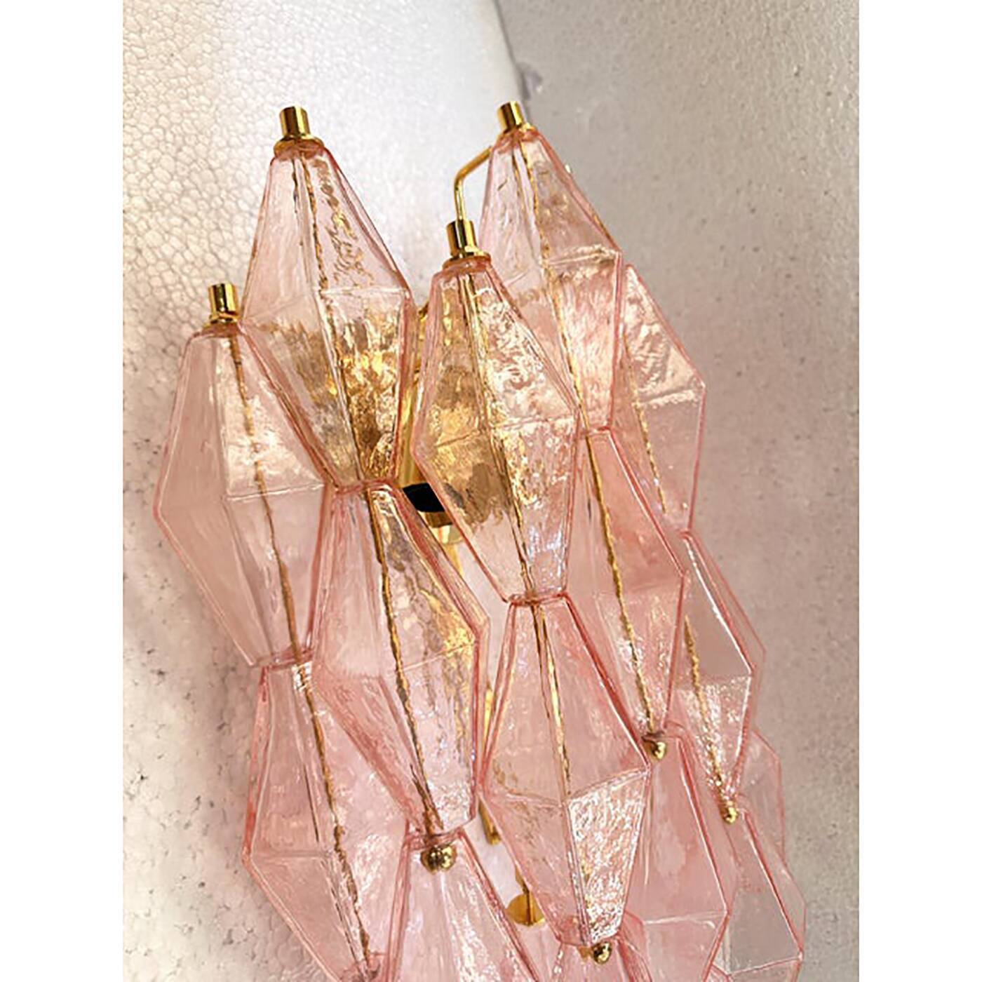 Set of Two Contemporary Pink “Poliedri” Murano Glass Gold 24k Wall Sconces