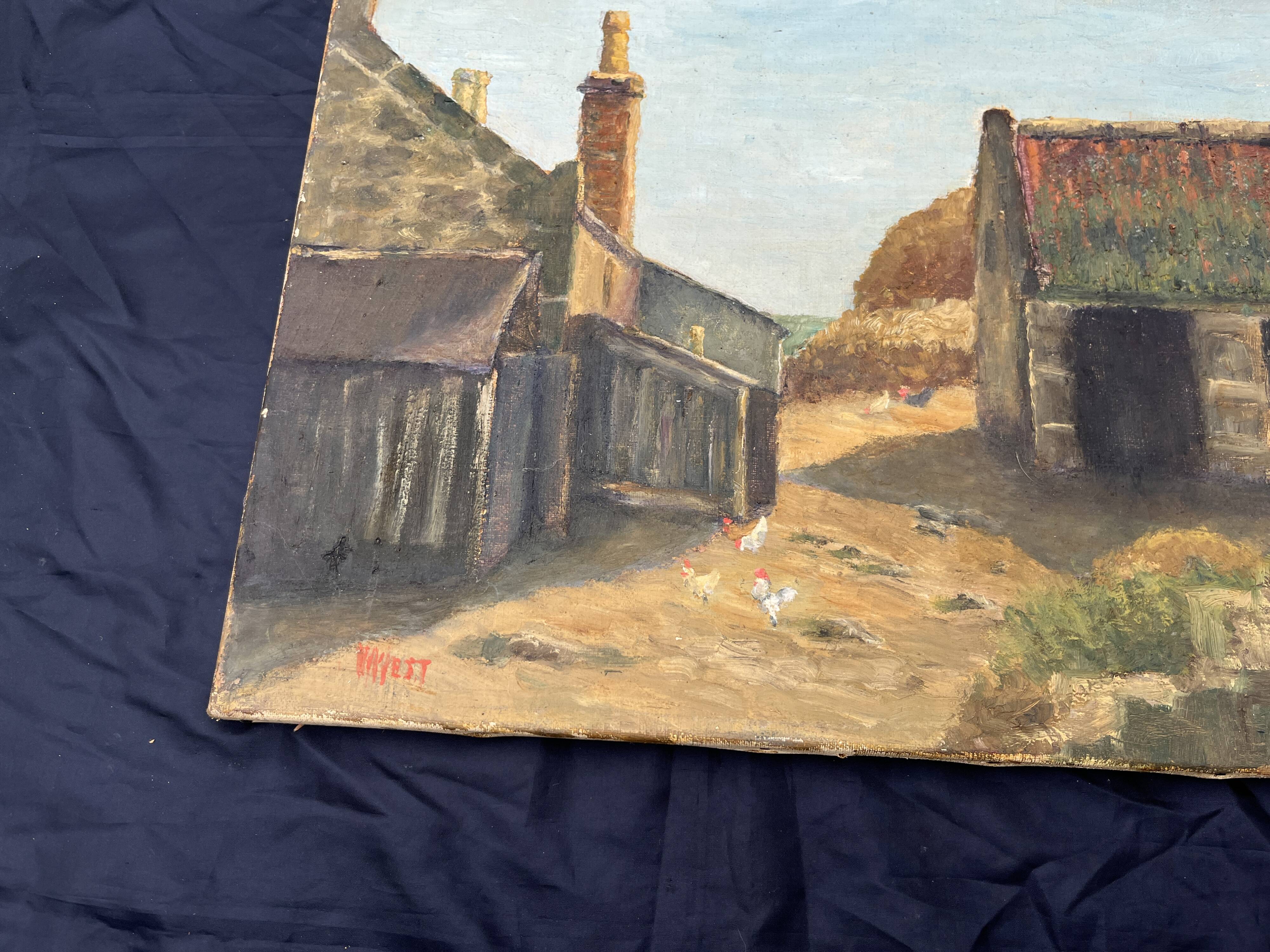 Painting on canvas signed “Wyett” – Village scene with chickens