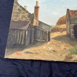 Painting on canvas signed “Wyett” – Village scene with chickens