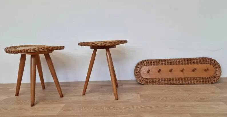 Set of Rattan and Wood Stools with Wall Coat Rack ULUV, Jan Kalous, 1960s