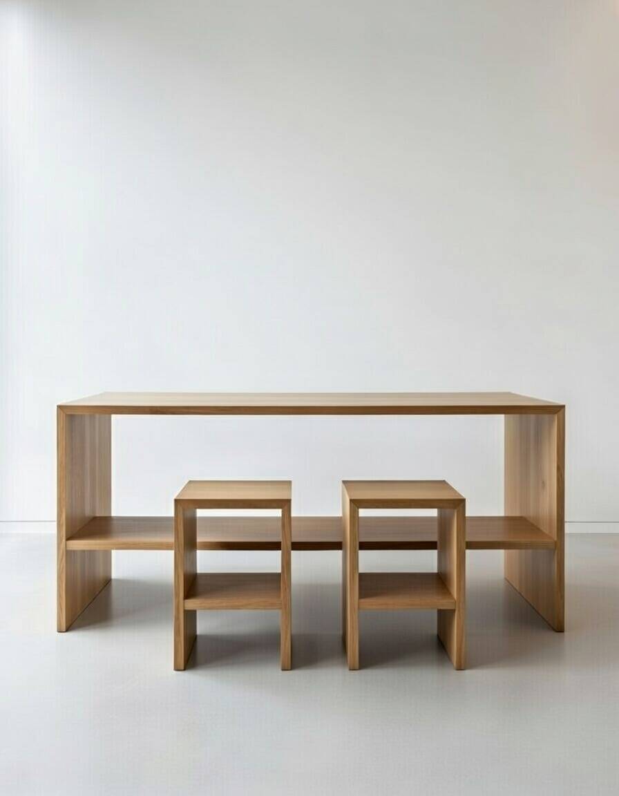 Office set, console and 2 stools in solid oak.