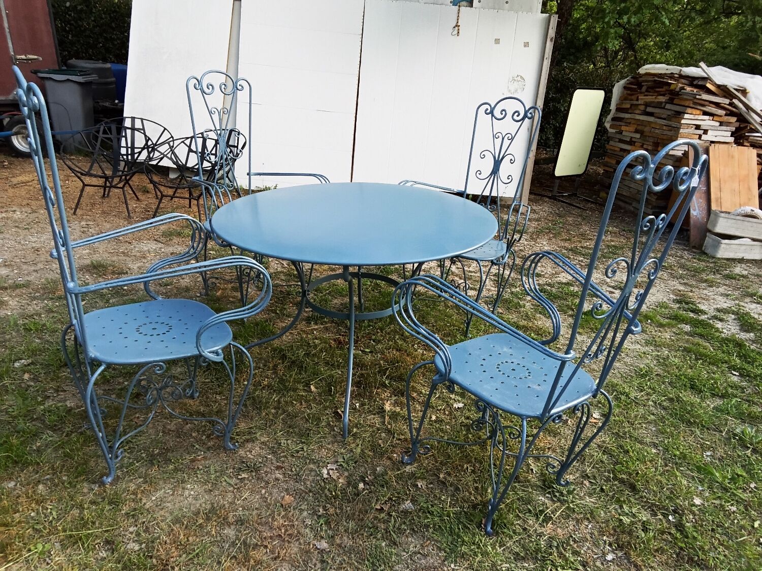 Large blue wrought iron garden furniture