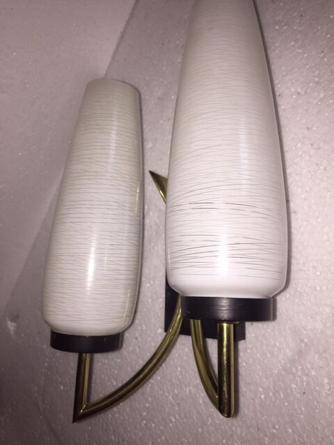 Torch wall sconce in brass and opalin glass, 1950s