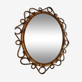 Oval bamboo and rattan mirror