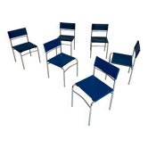6 chaises tubulaire en cuir bleu et métal chromé, Italie 1980