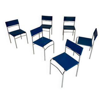 6 chaises tubulaire en cuir bleu et métal chromé, Italie 1980