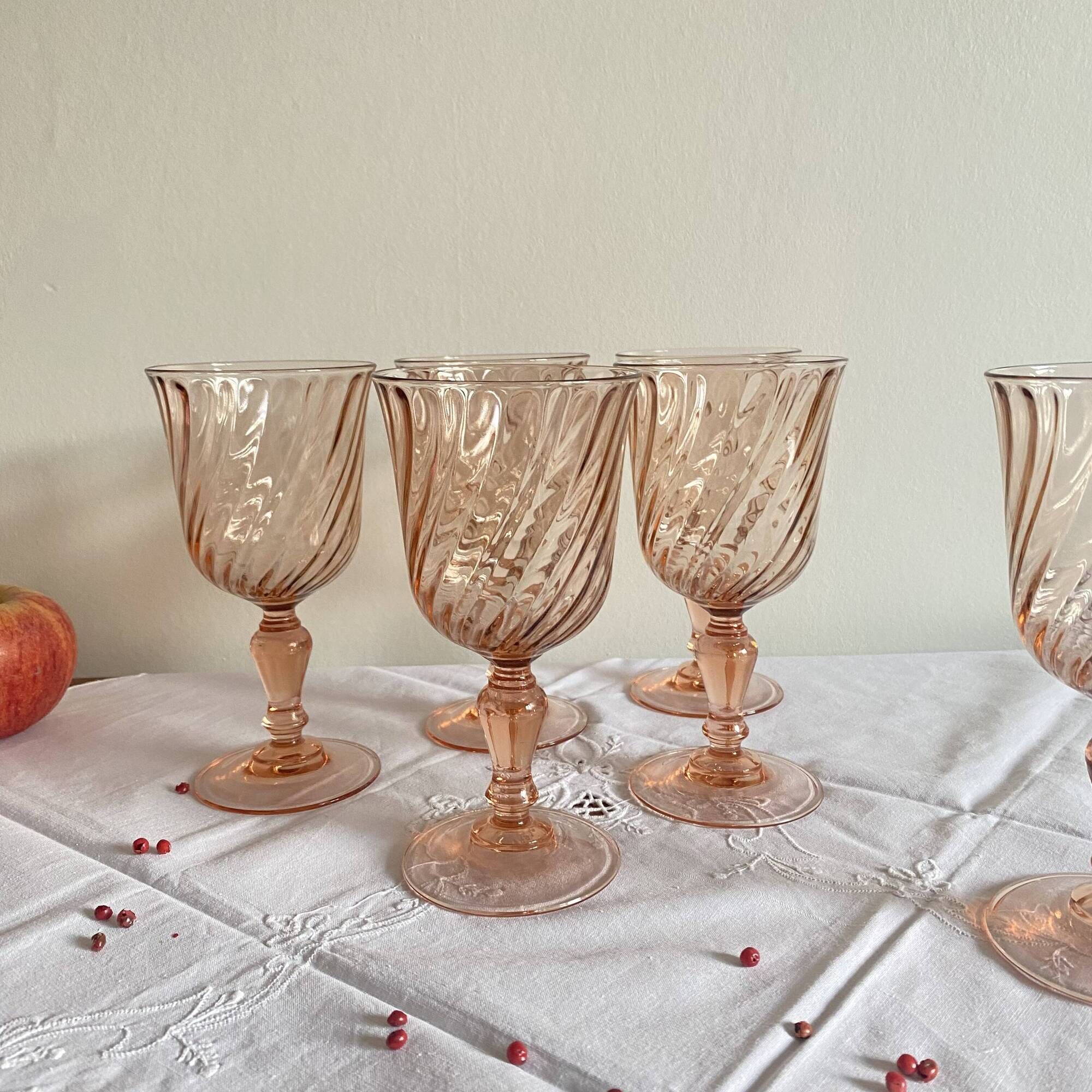 6 vintage pink wine and water glasses, Rosaline Luminarc France tableware
