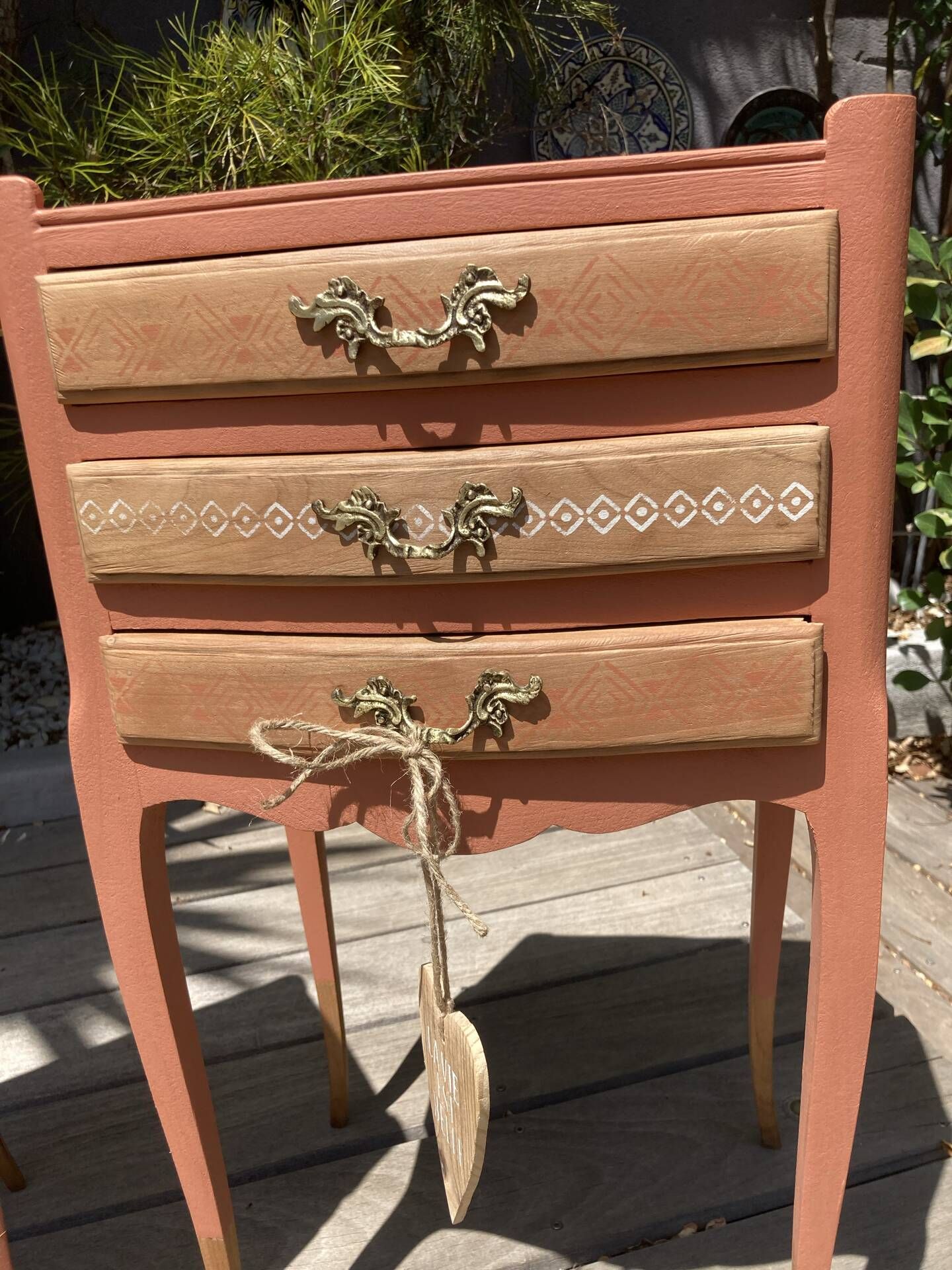 Pair of revamped bohemian / berber bedside tables with the heart "life is beautiful"