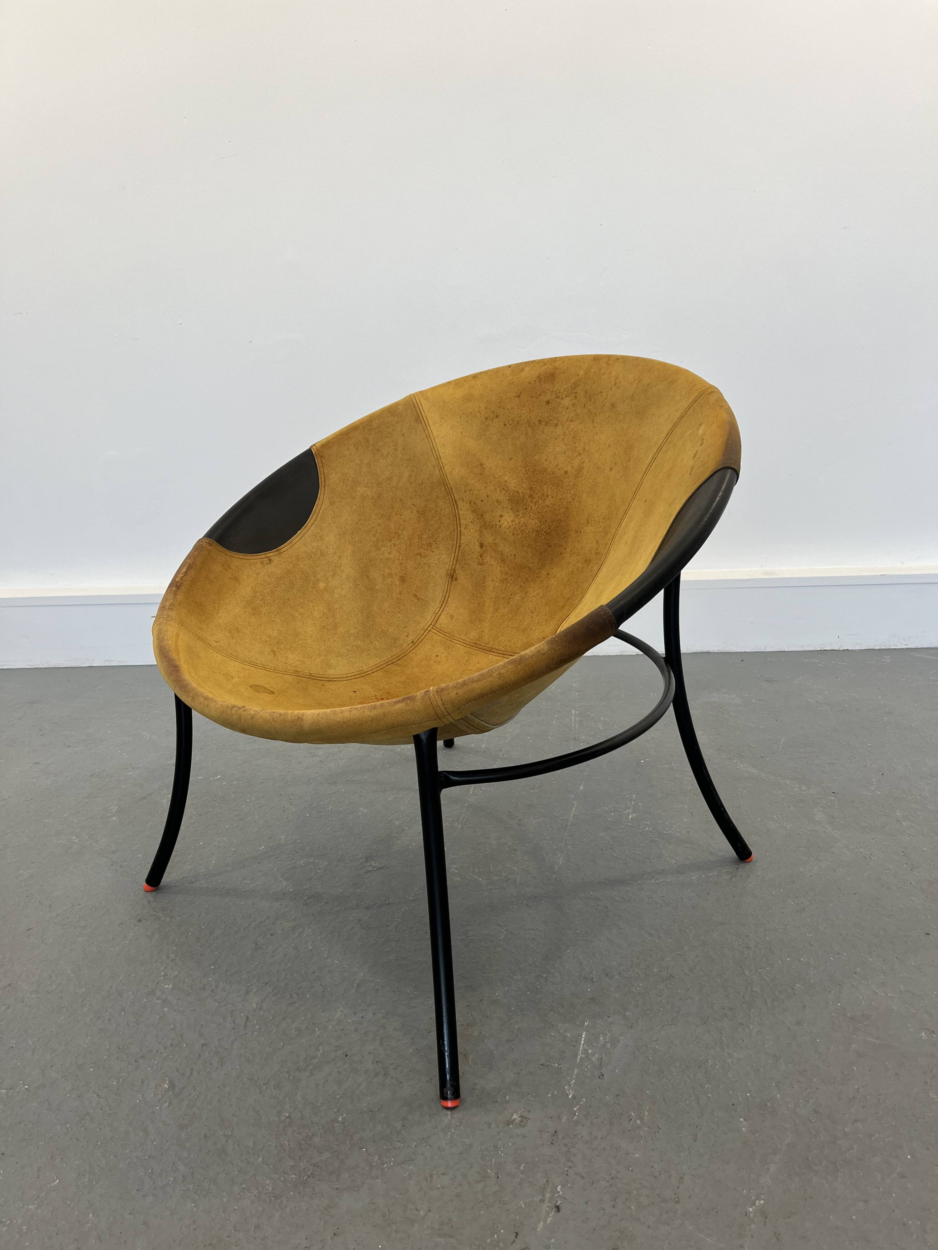 Italian Tan Suede and Black Leather Saucer Chair