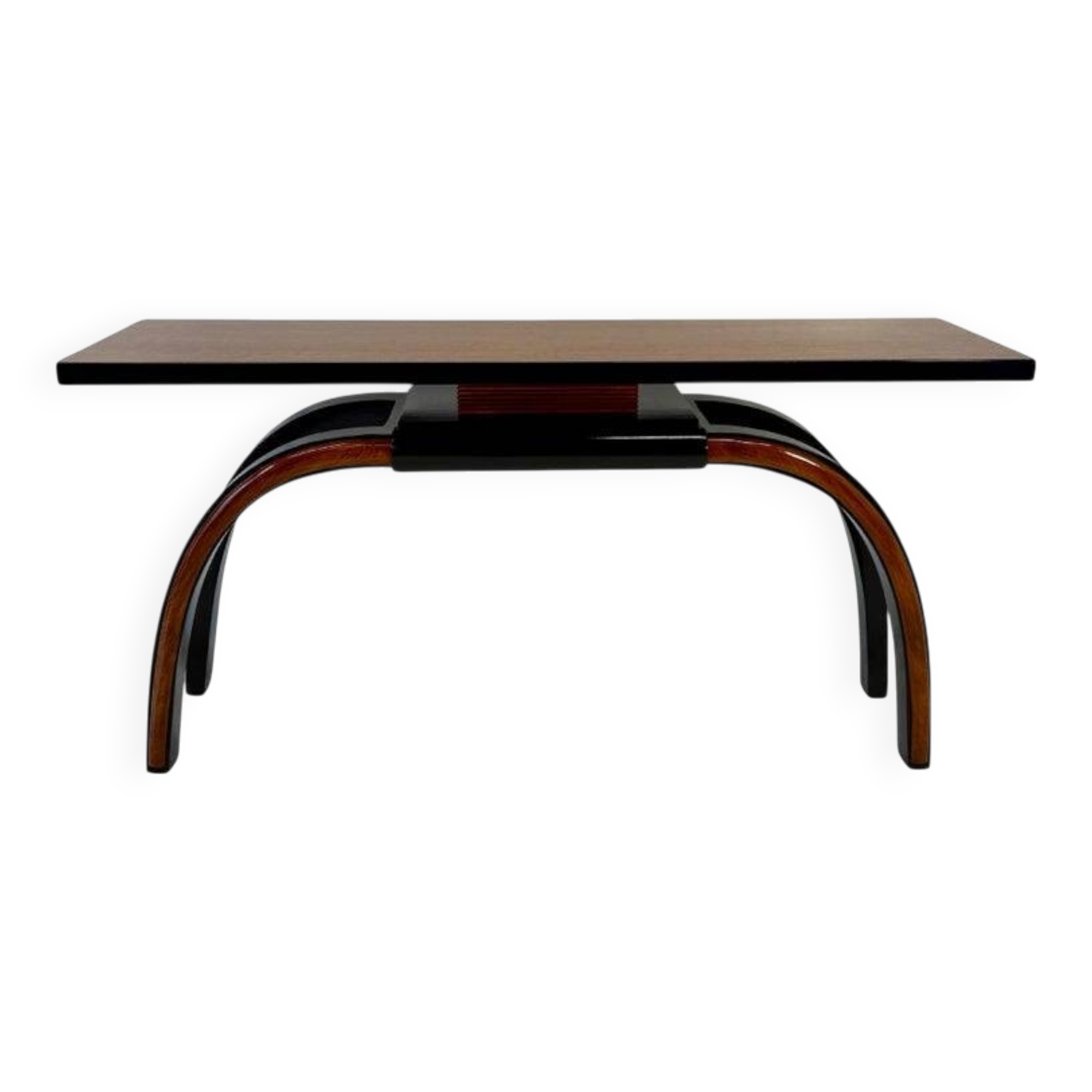 Italian 1940s Art Deco Console in Black Lacquer, Walnut and Maple Burl