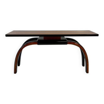 Italian 1940s Art Deco Console in Black Lacquer, Walnut and Maple Burl