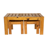Scandinavian slatted pine coffee nesting table bench with stools or side tables, 1970s
