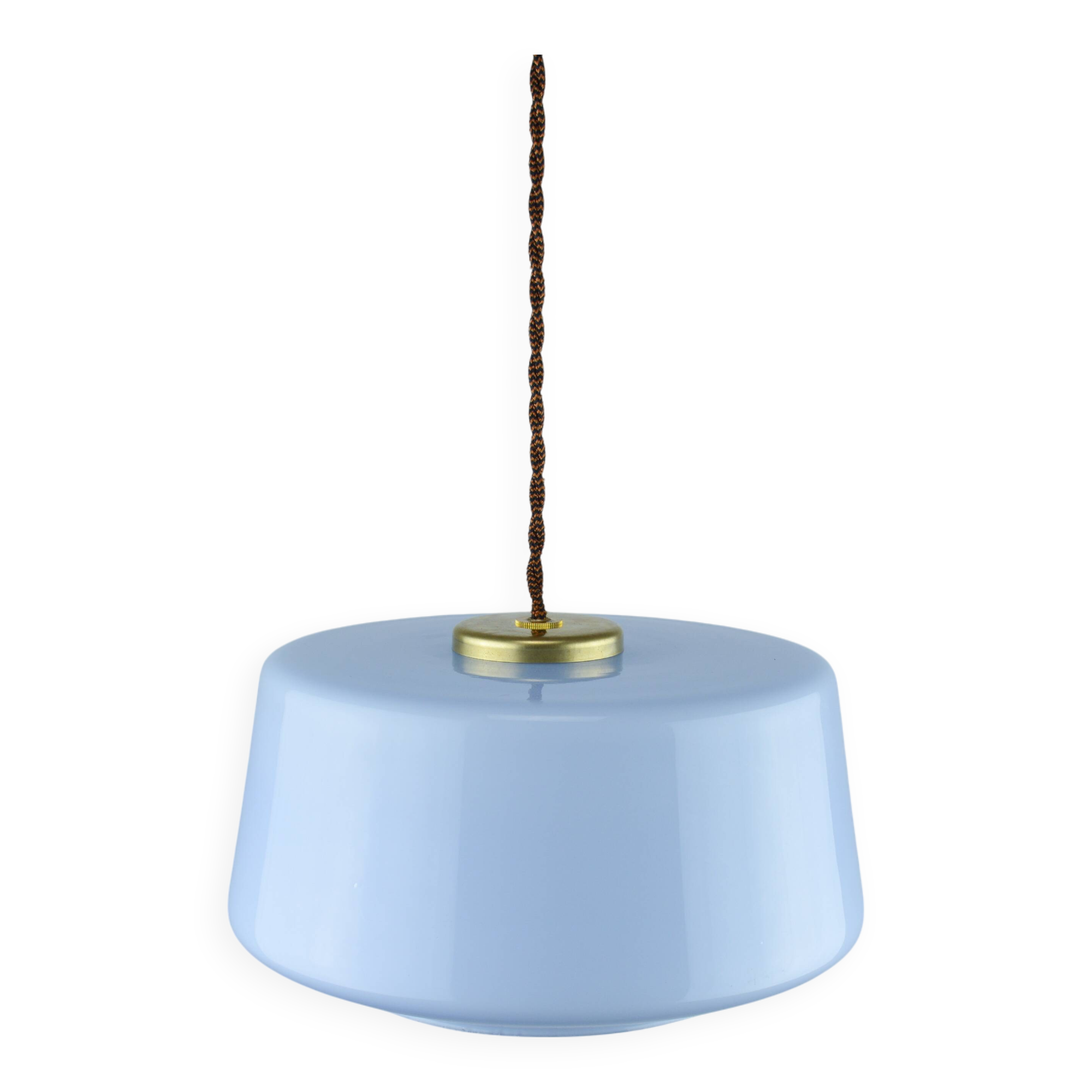 Vintage Mid-Century Baby Blue Glass and Brass Pendant Lamp