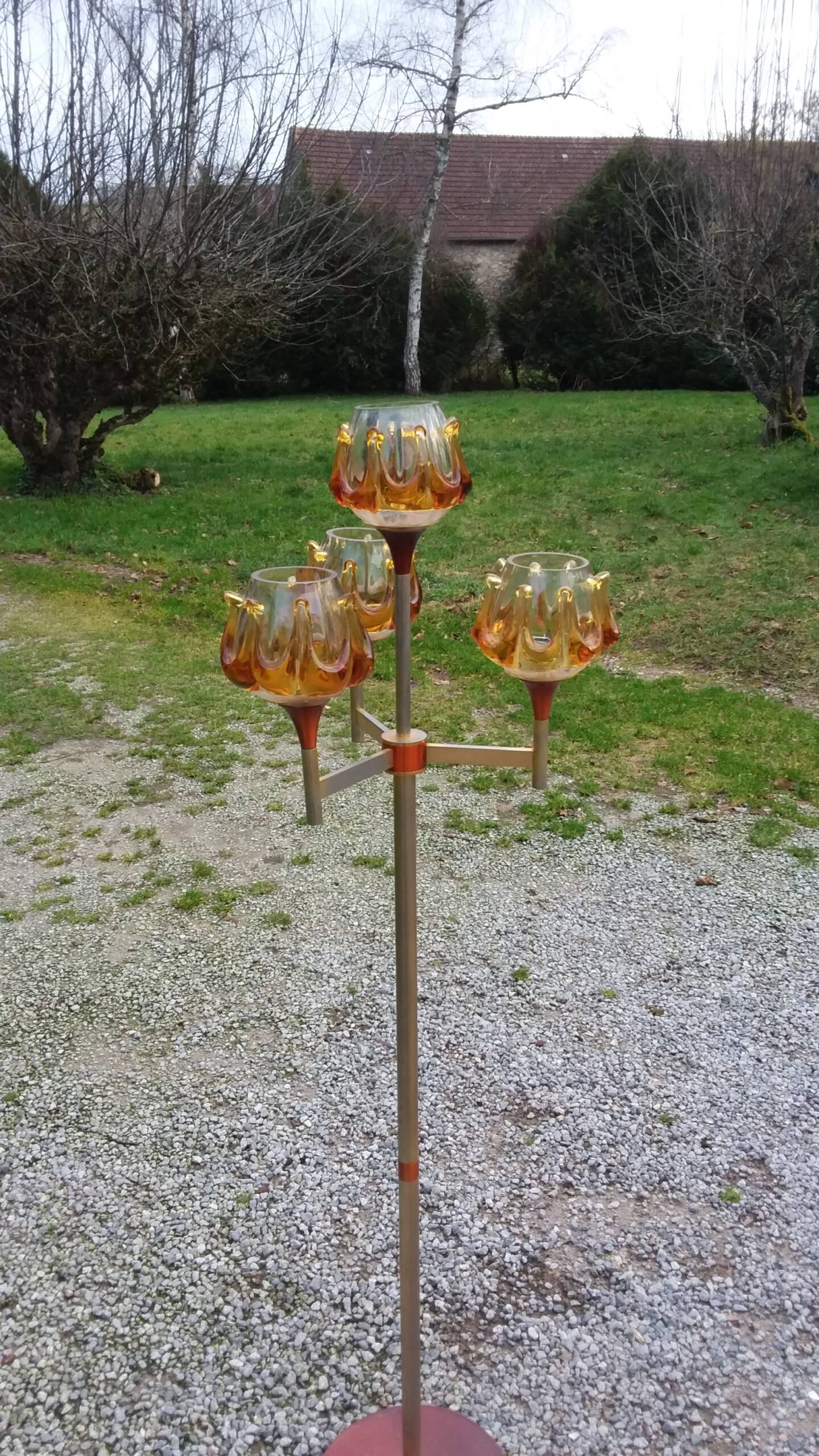1970s design floor lamp in gold and orange chrome metal with 4 glass tulips