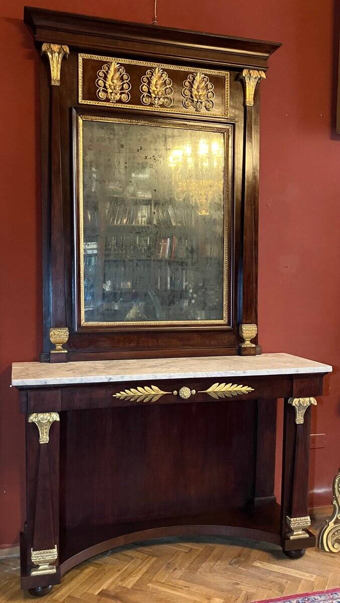 Italian Empire Mahogany and Parcel Gilt Console with Mirror and Carrara Marble Top, Late 18th Century