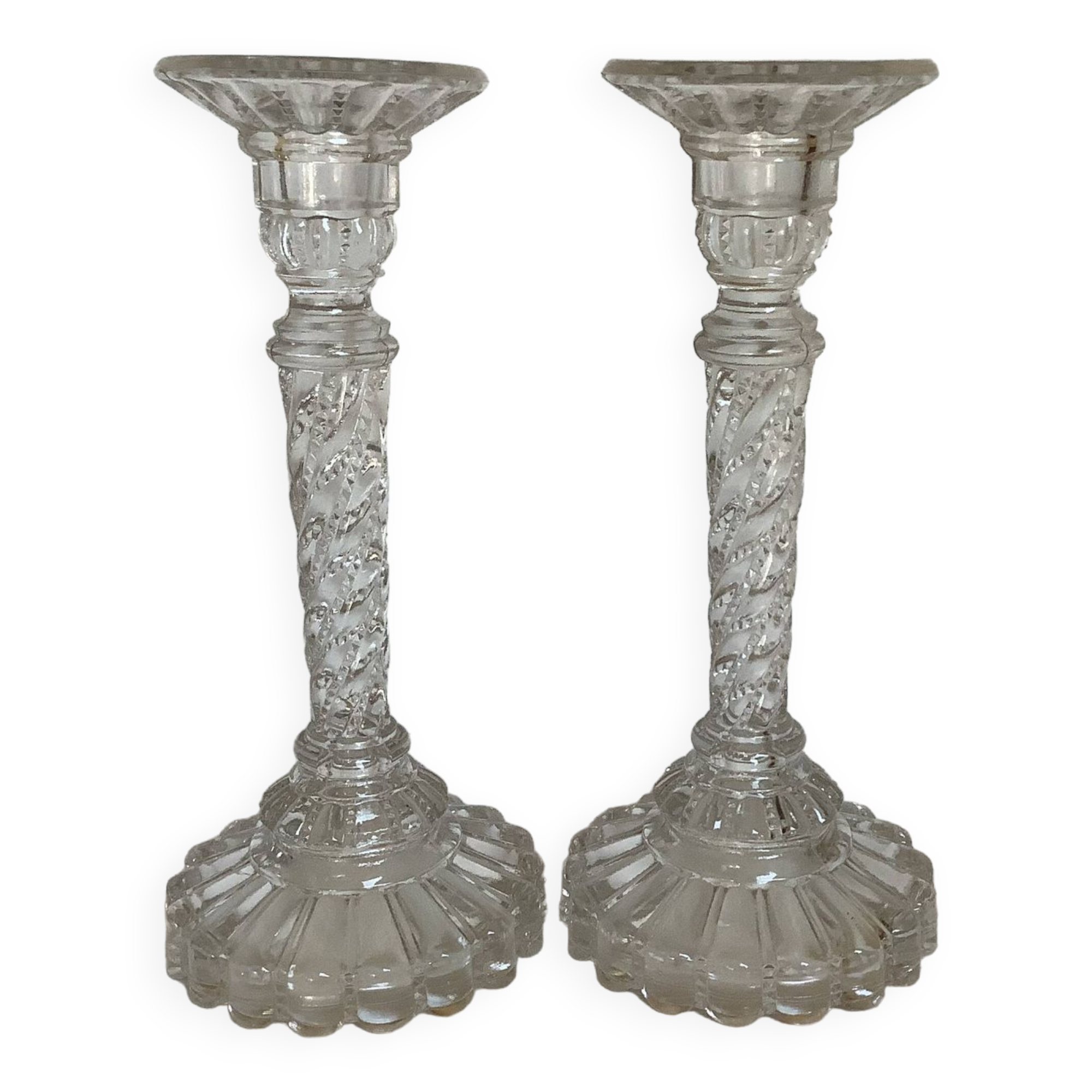Pair of old twisted candlesticks with diamond tips.