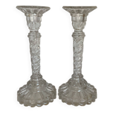 Pair of old twisted diamond tip candlesticks
