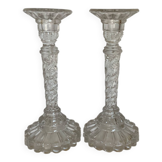 Pair of old twisted diamond tip candlesticks