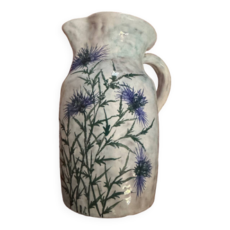 Antique stoneware pitcher with thistle motifs signed A Clement, Saint Paul