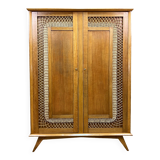2 Door Wardrobe - Oak and Rattan - Compass Feet - Vintage 50/60's