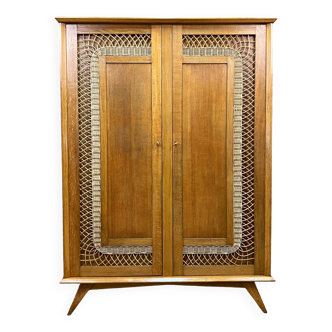 Armoire 2 Portes - Chêne et Rotin - Pieds Compas - Vintage 50/60's