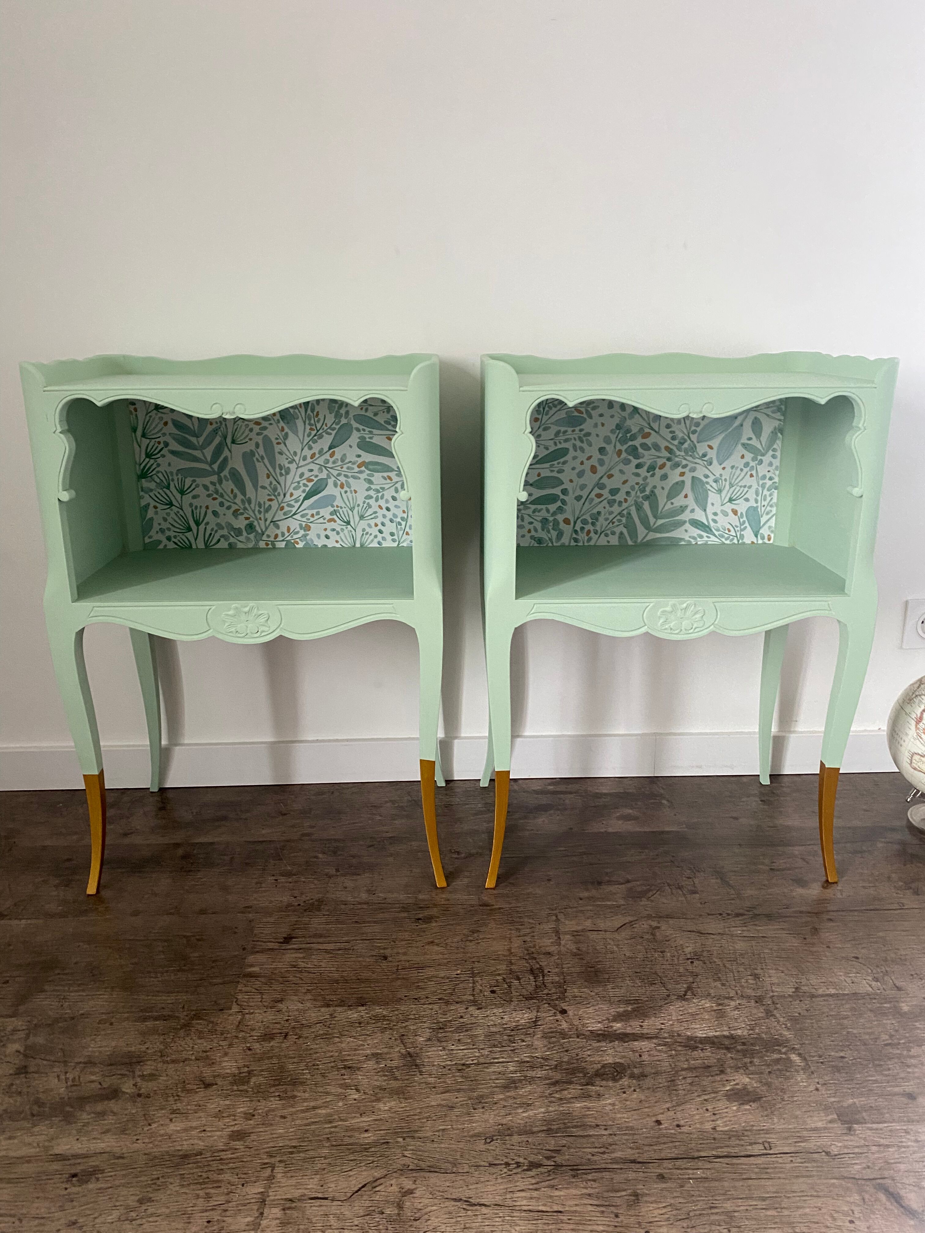 Pair of wooden bedside tables restyled green celadon