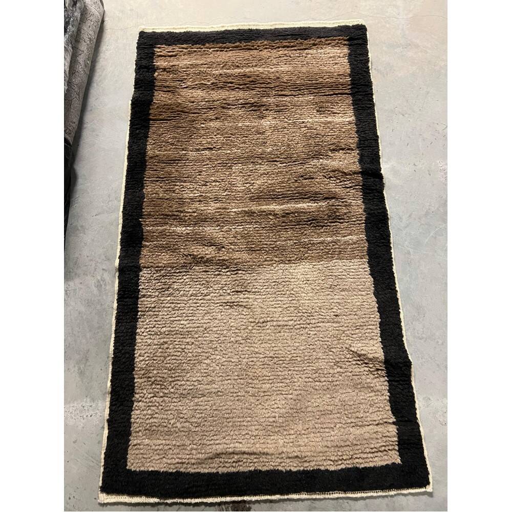 Hand-Knotted Turkish Tulu Rug. 100% Wool Minimalist Border Design. Beige, Brown & Black Colors. Custom Options Available