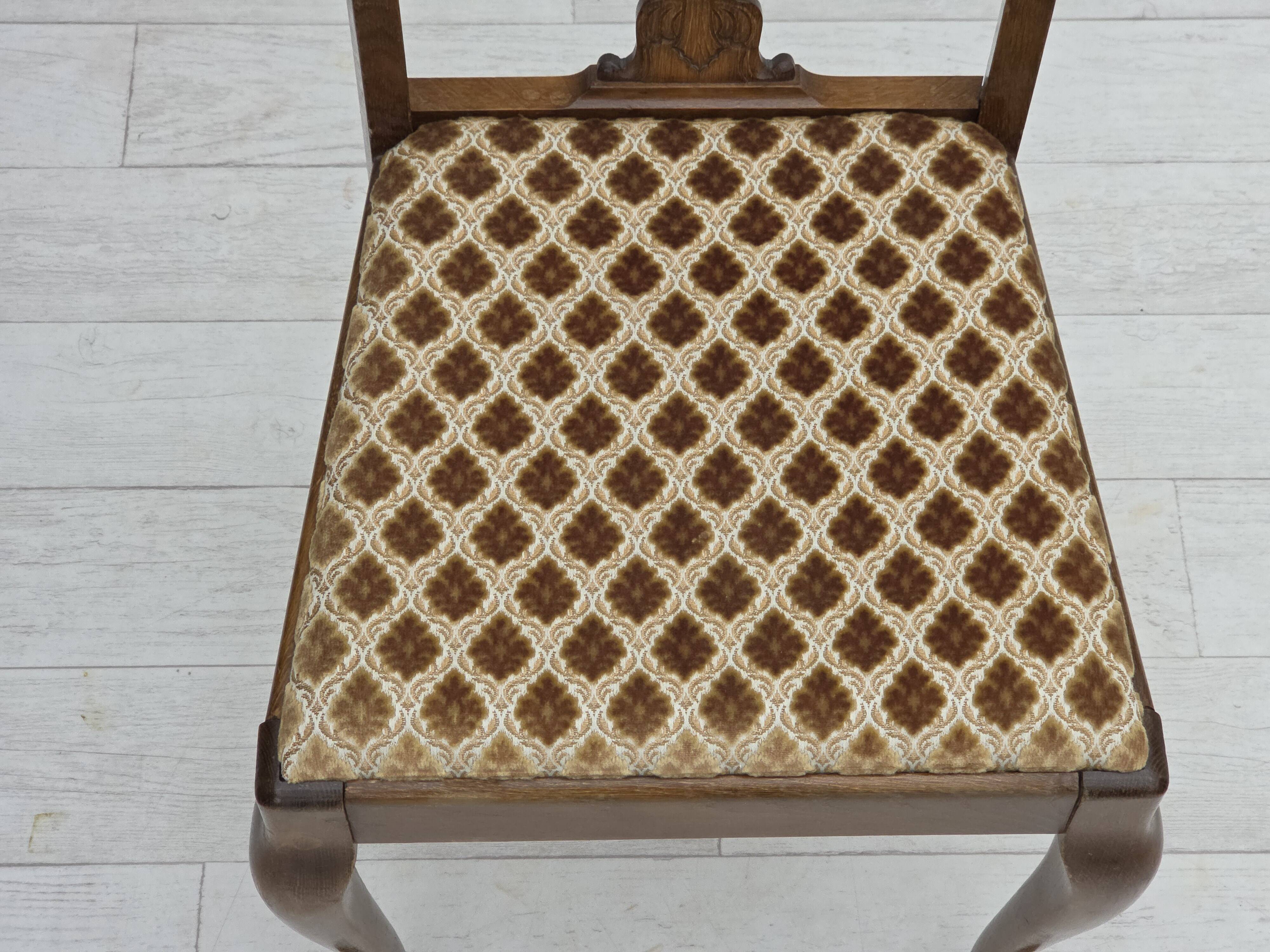 1930s, set of 6 Danish chairs, furniture velour, oak wood, reupholstered.