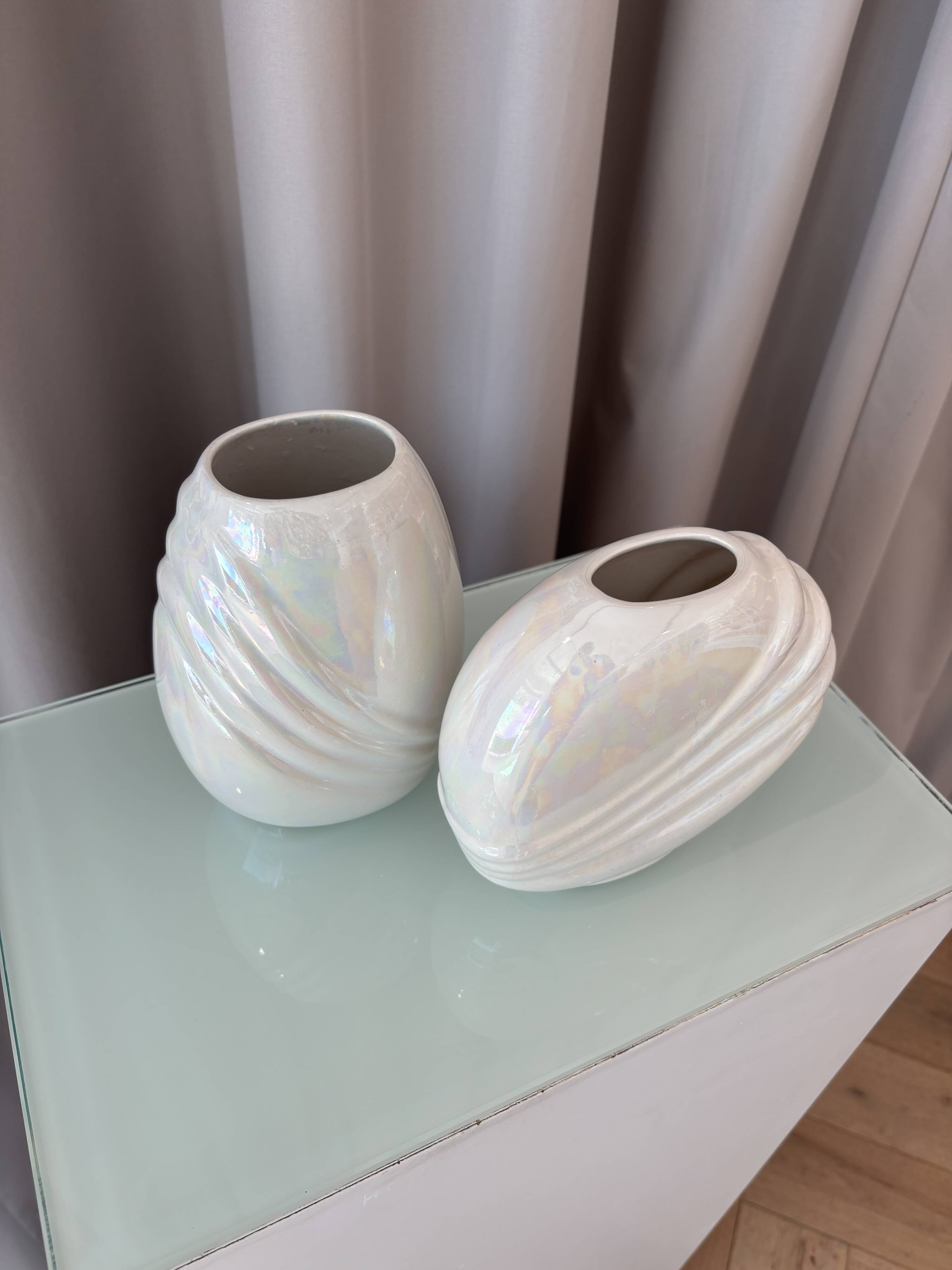 Pair of vintage iridescent white ceramic vases