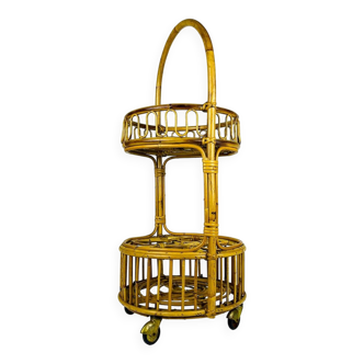 Vintage round service trolley in bamboo and rattan, 1960s