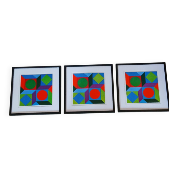 Triptyque Art Optique - Victor Vasarely - 3 Cadres 40x40cm