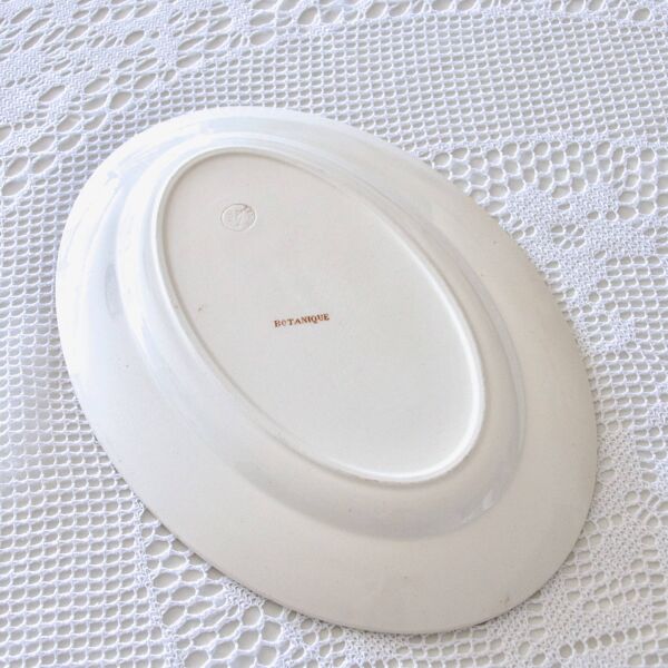 Grand plat ovale XIXe Longwy terre de fer sépia ''Botanique'' oiseau