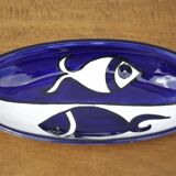 Plat céramique vintage, plat ovale bleu et blanc motifs poisson, made in italy