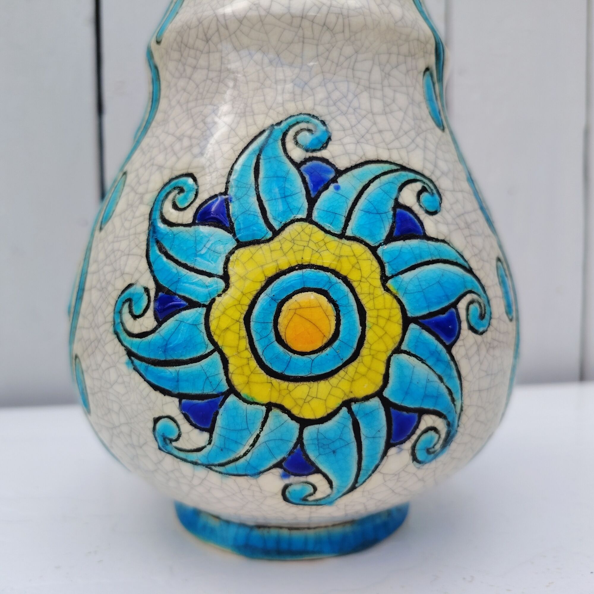 Glazed earthenware vase, floral/sun decoration, Catteau, Boch