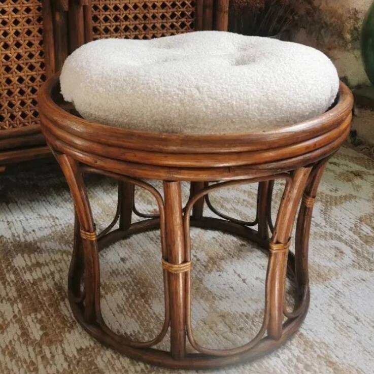 Vintage 70s rattan pouf stool with terry cushion