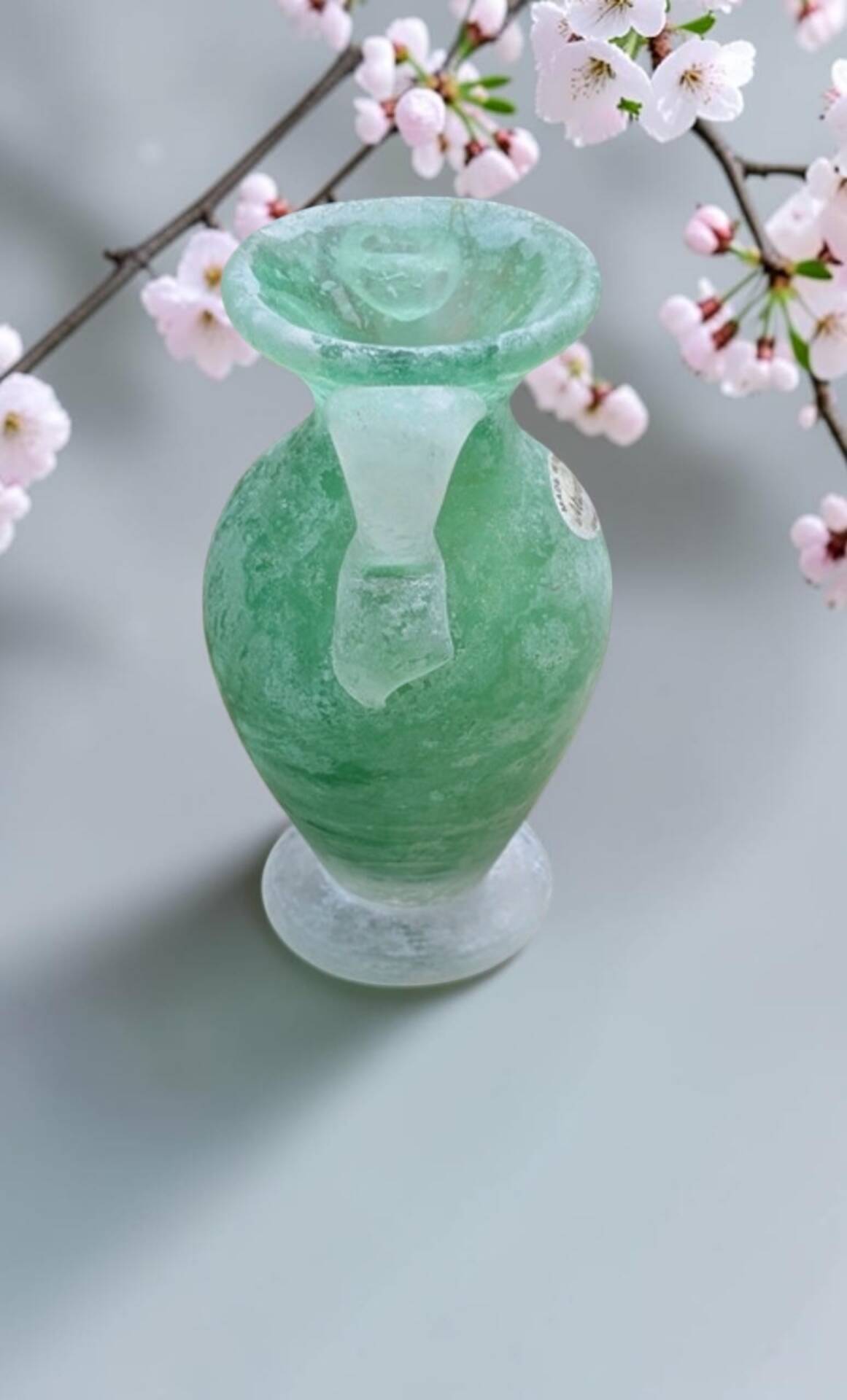 Small green Murano vase with handles – blown glass - "scavo" type