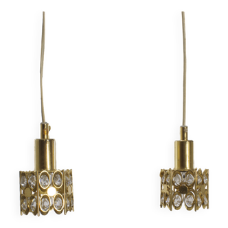 Two pendant lights in gilded brass and crystal, by Palwa, design 1960
