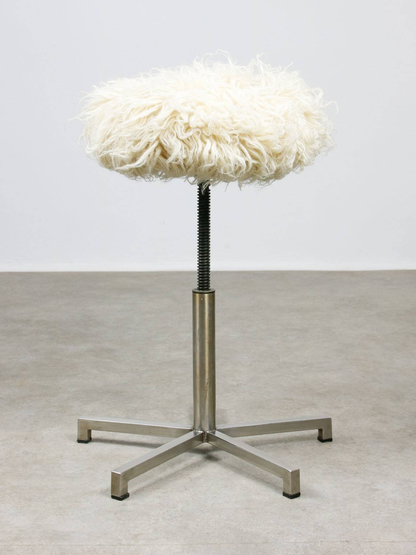 Modernist Bauhaus Swivel Stool in Chrome and Sheep, 1950s