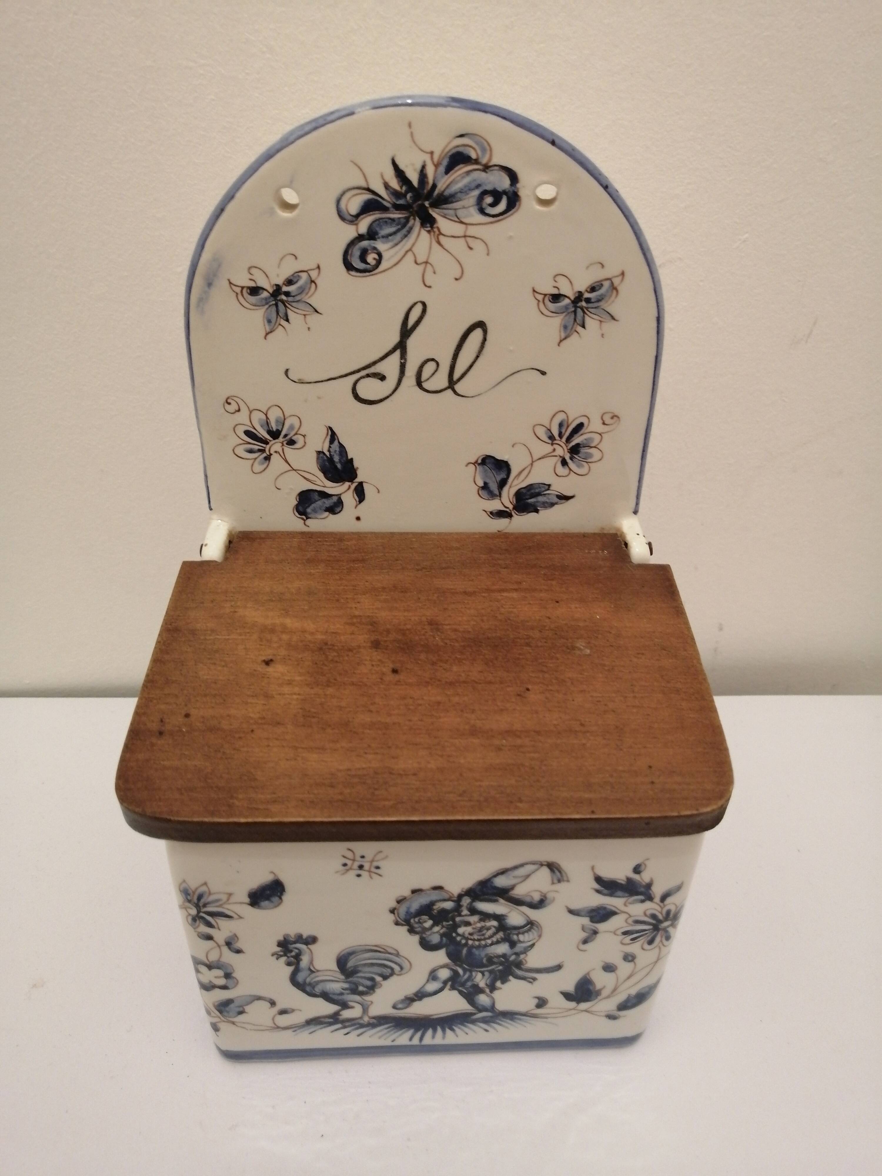 Vintage ceramic and wood salt box
