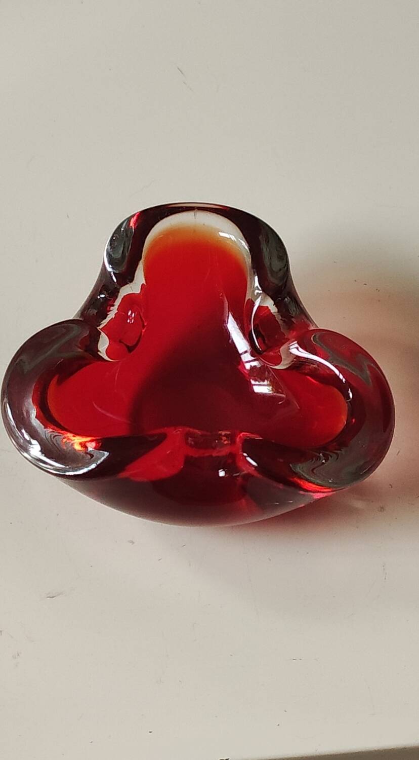 Murano Sommerso Ashtray/Vide Poche. Amber Iridescent Red Glass