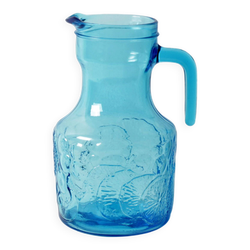 Blue Vintage Italian Glass Pitcher / Fruit Motif Jug / Parma / Italy / 1990
