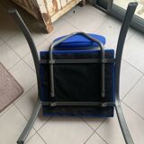 Black metal design armchair with blue fabric. 1980s.