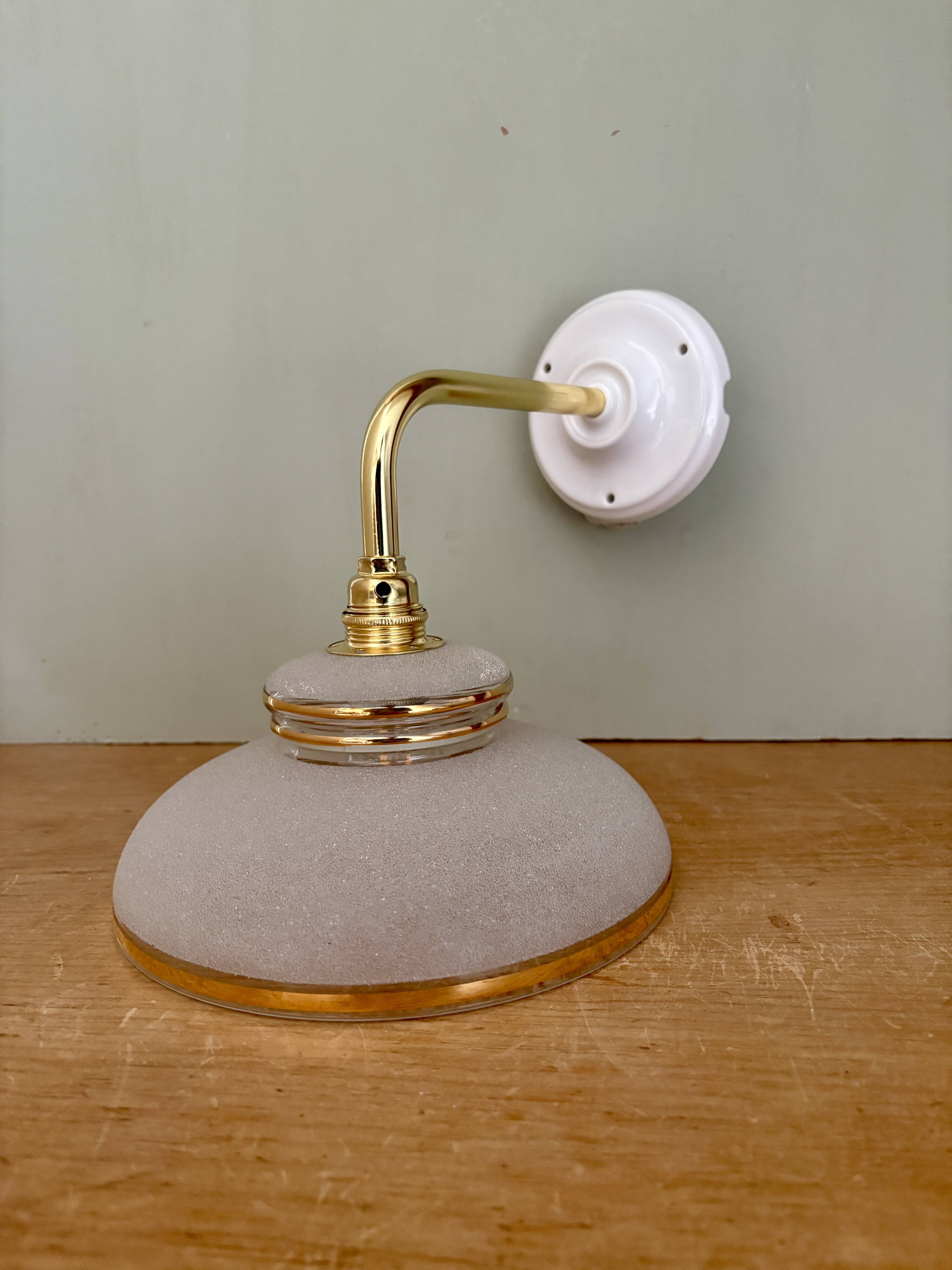 Vintage elbow wall lamp with white and gold granite glass shade